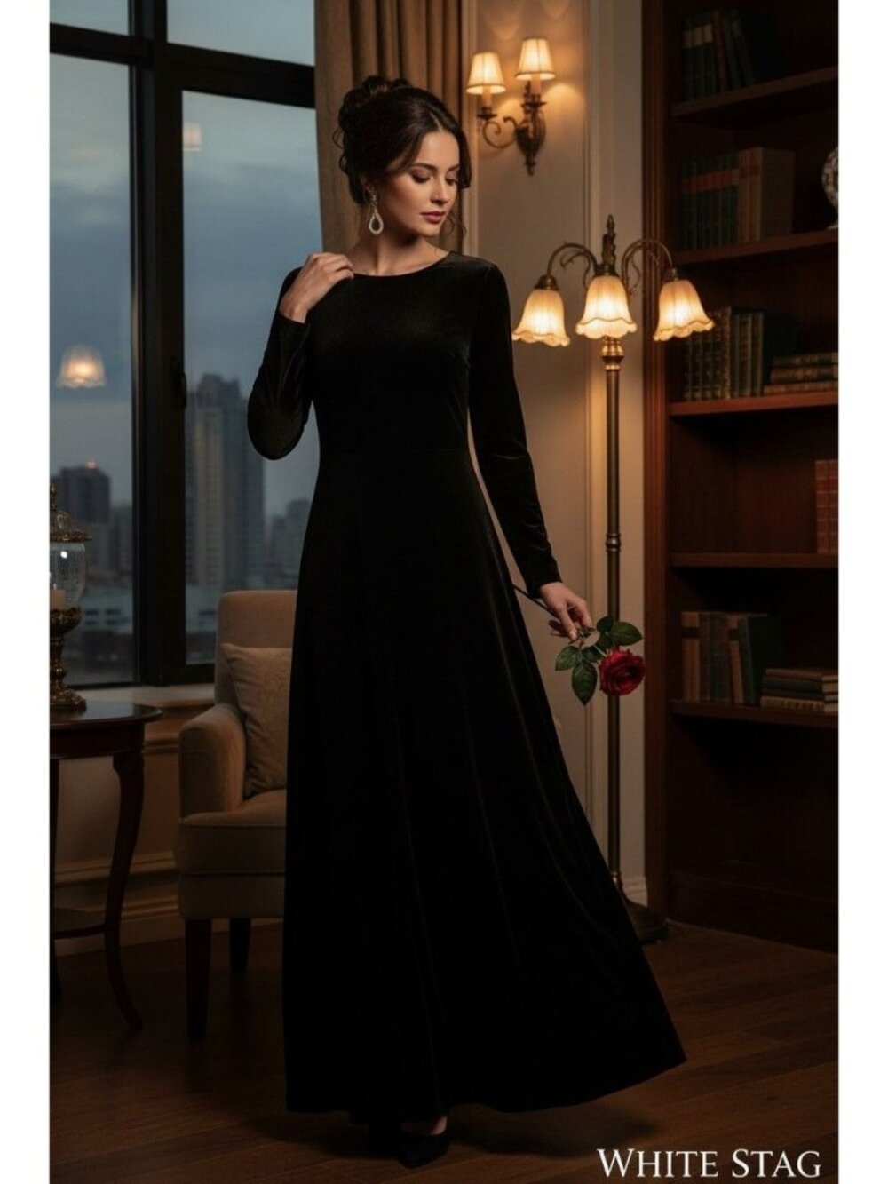 White Stag Black Velvet Long Slv Maxi Dress Whimsigoth Witchy Dark Romantic 90's